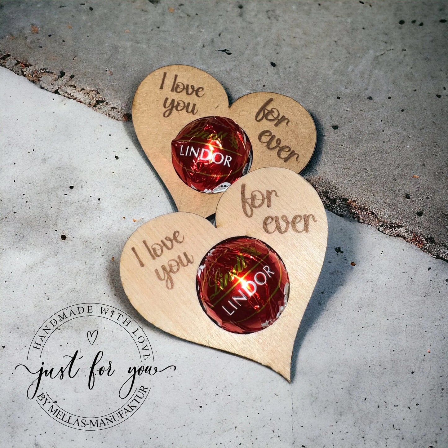 4 Stück Herz aus Holz mit Lindkugel * Ich liebe dich* - Mellas Webshop