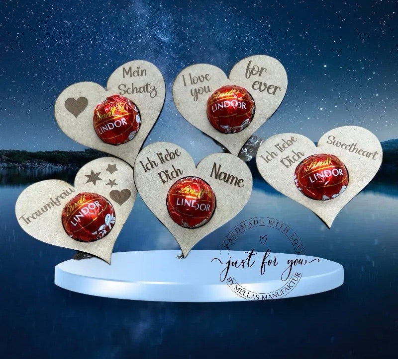 4 Stück Herz aus Holz mit Lindkugel * Ich liebe dich* - Mellas Webshop