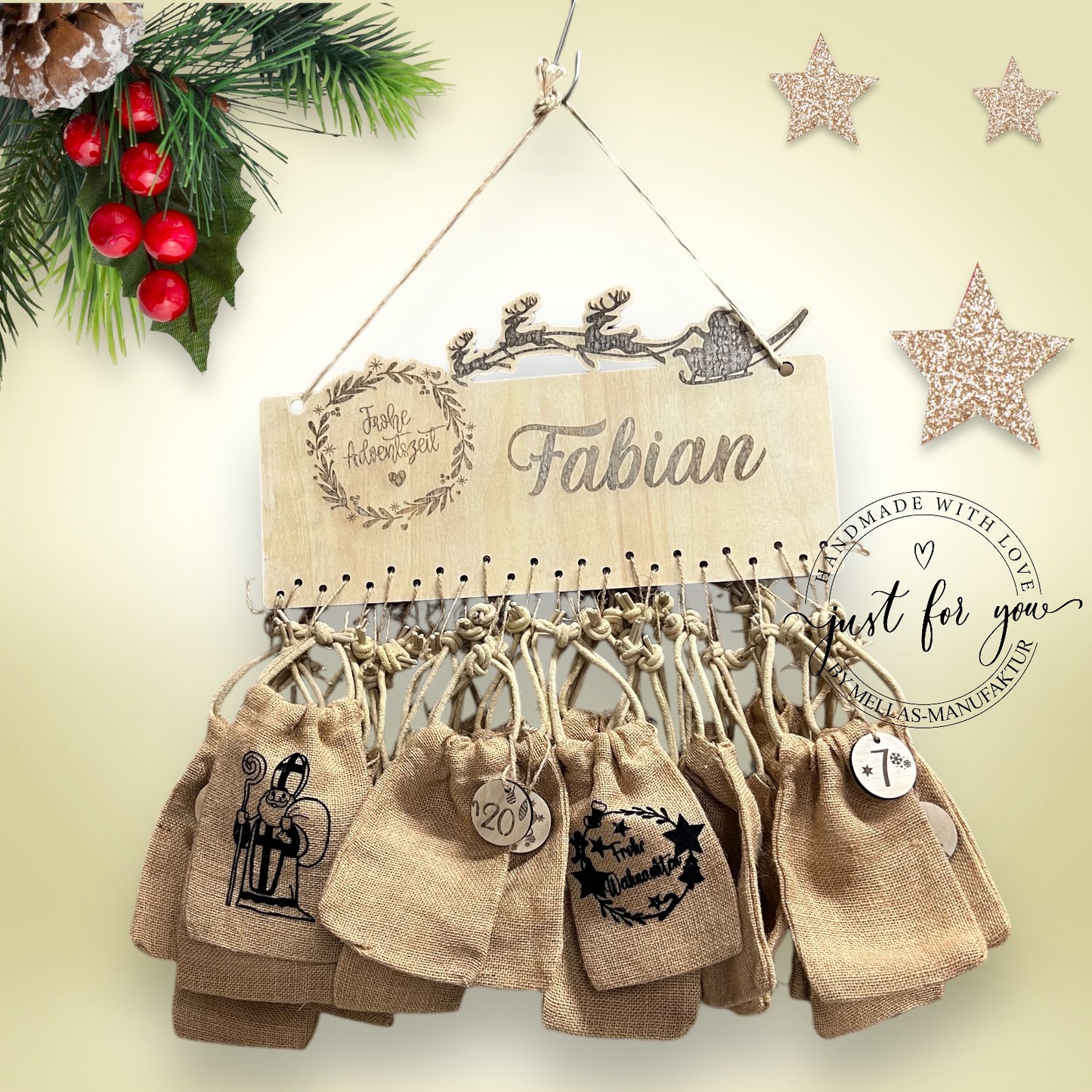 Adventskalender aus Holz zum selbst befüllen mit Wunschtext / Name - Mellas Webshop