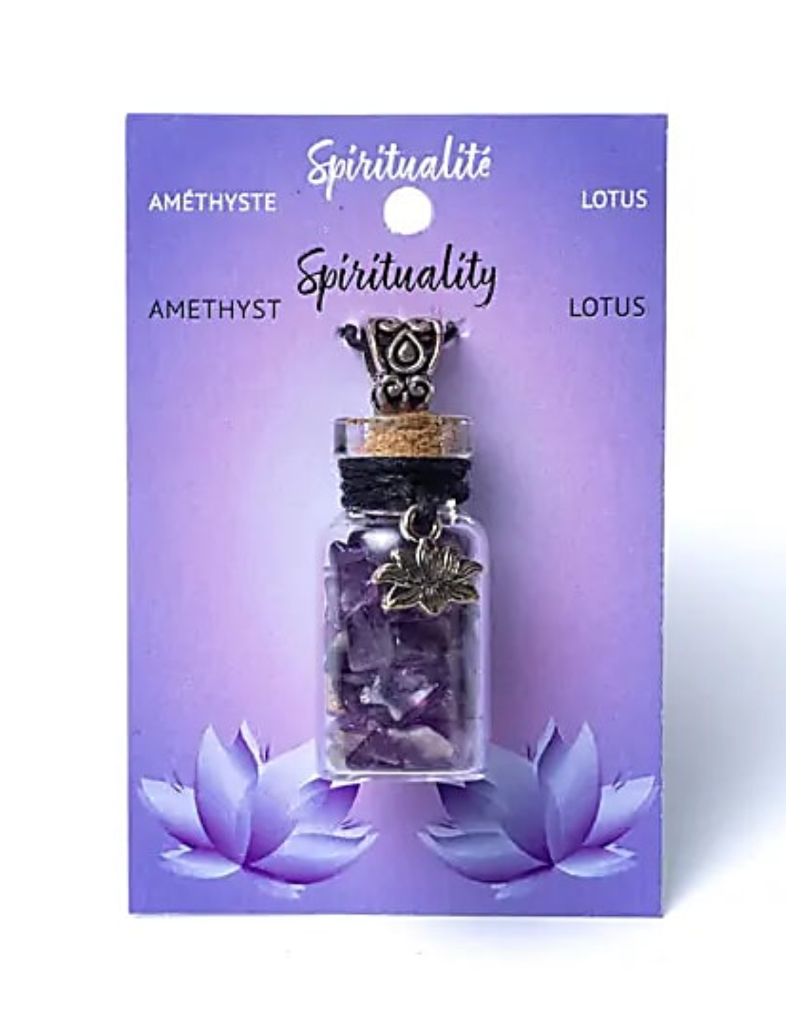 Glasfläschchen mit Kordel Amethyst und Lotos - Mellas Webshop
