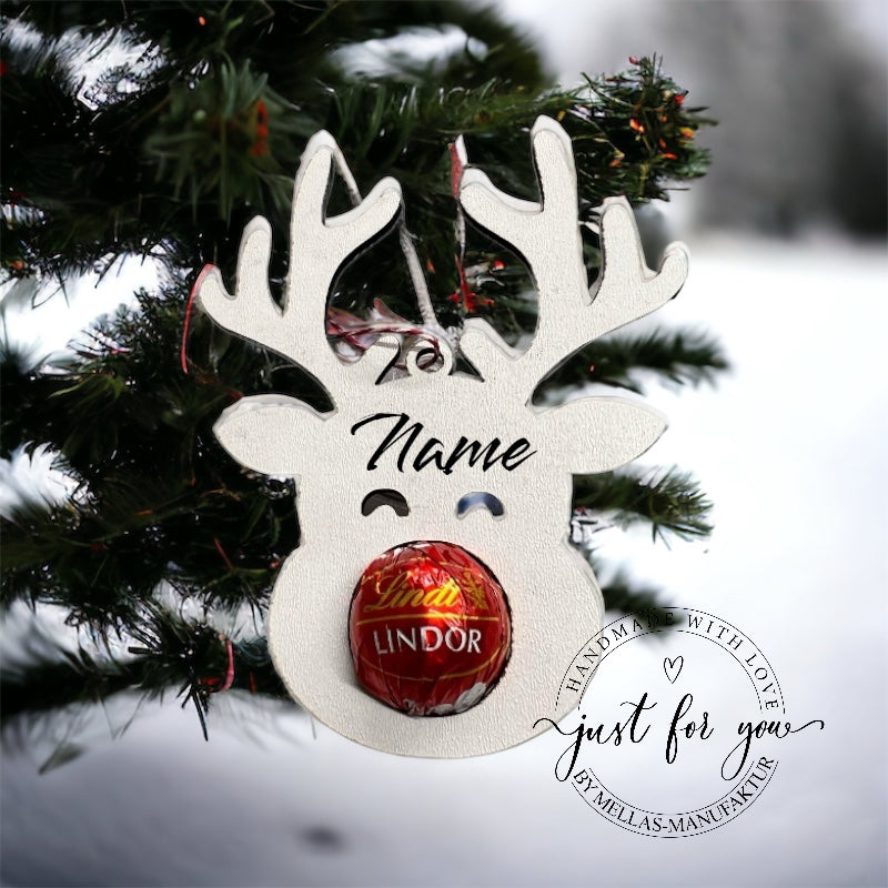 Baumschmuck Elch mit Lindtkugel und Namen - Mellas Webshop