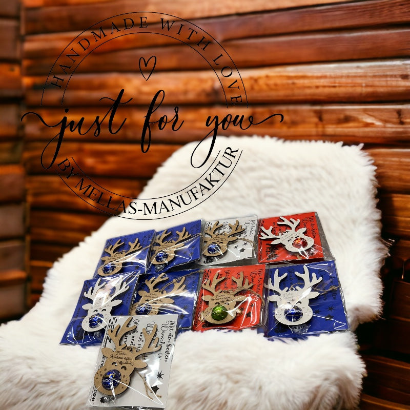 Baumschmuck Elch mit Schokokugel Frohe Weihnachten - Mellas Webshop