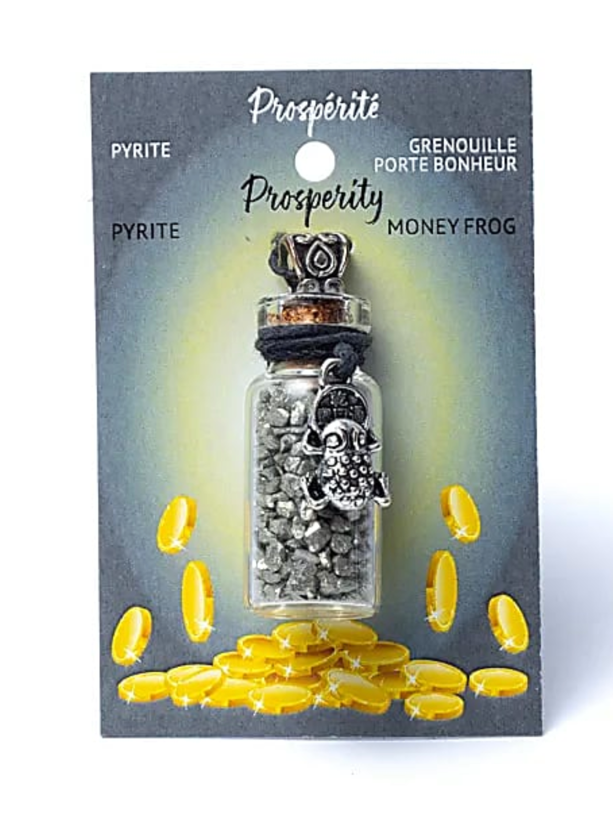 Glasfläschchen mit Kordel und Pyrit Feng Shui Frosch - Mellas Webshop