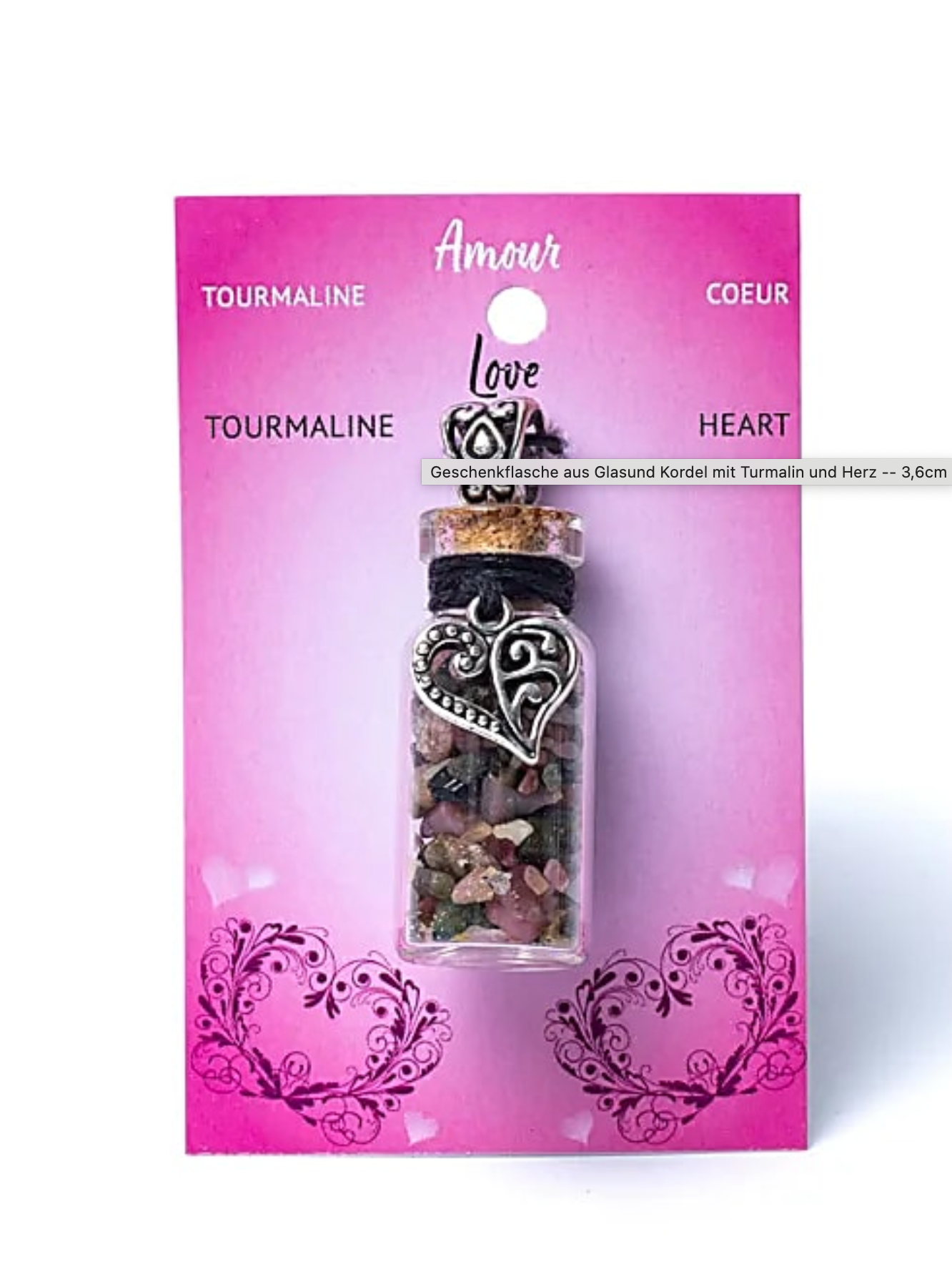 Glasfläschchen mit Kordel und Turmalin Herz - Mellas Webshop