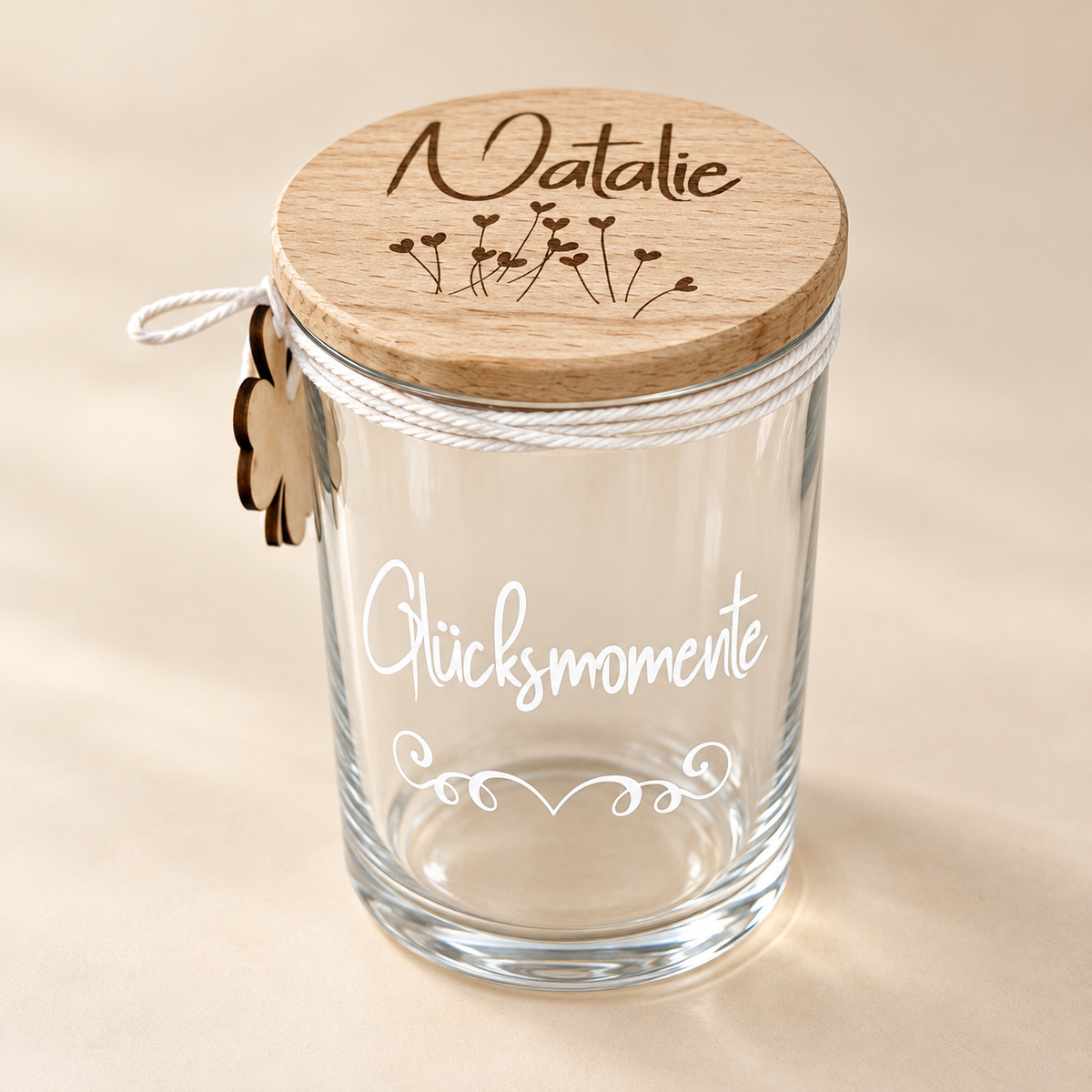 Edles Glas mit personalisiertem Holzdeckel – 880 ml