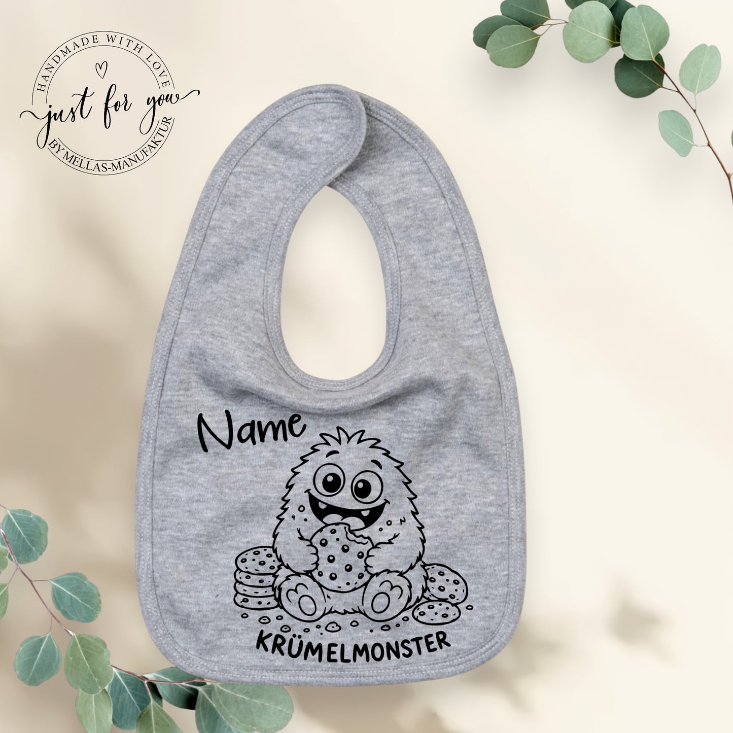 Babylatz Krümelmonster mit Name - Mellas Webshop