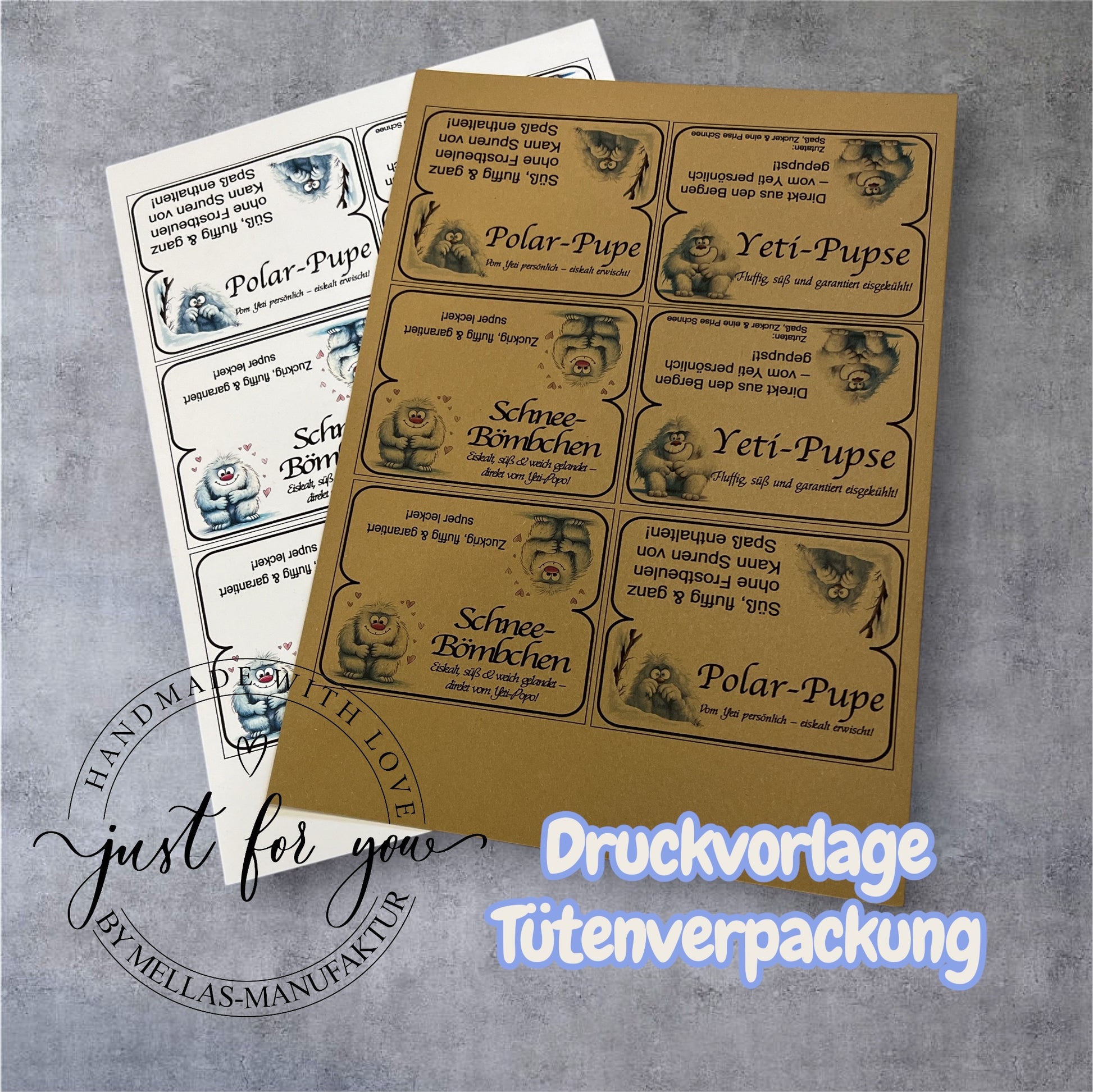 Druckvorlage Yeti-Pupse – Winterverpackung zum Ausdrucken - Mellas Webshop