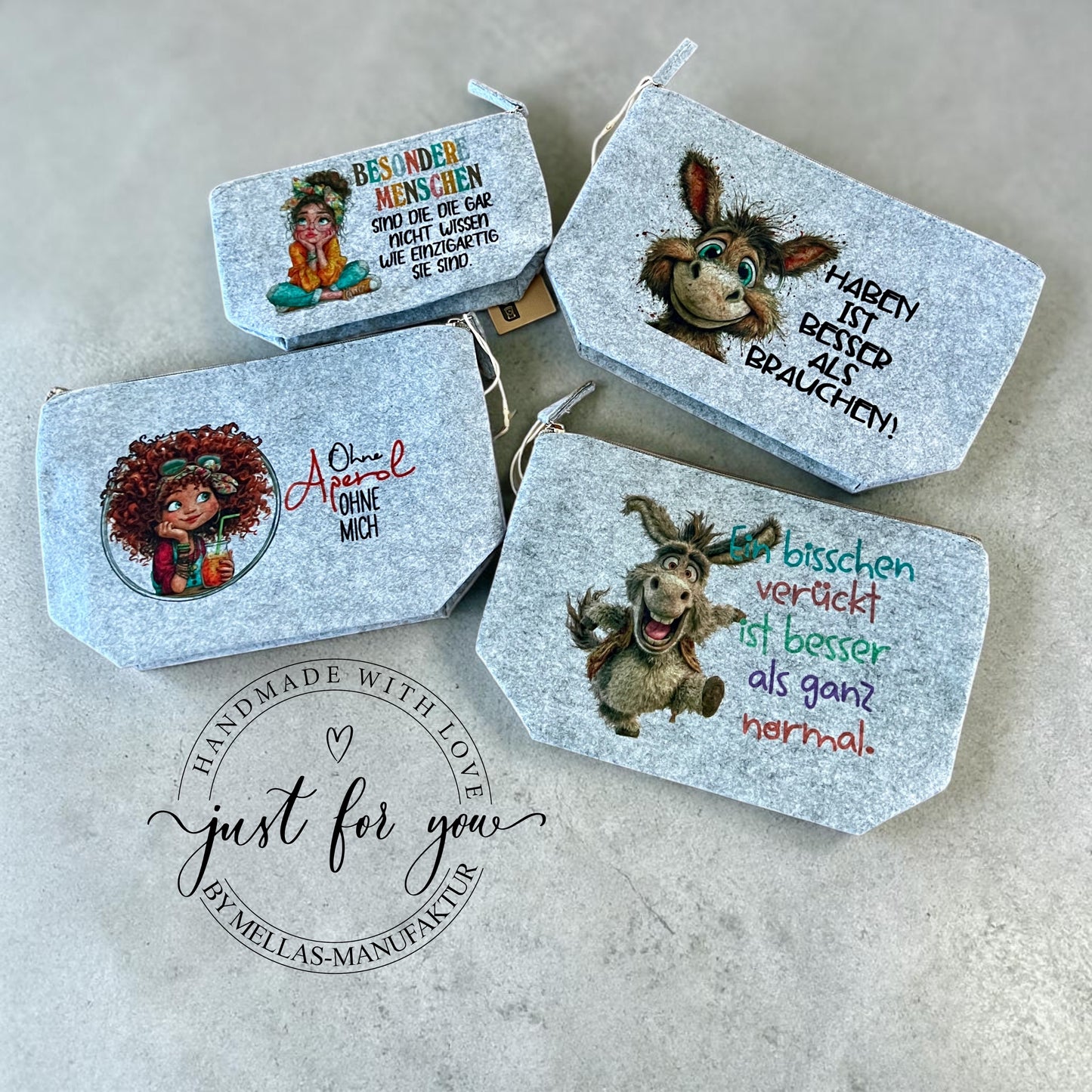 Filz Kosmetiktasche Grau & Anthrazit – 2 Größen – mit Spruch oder Motiv - Mellas Webshop