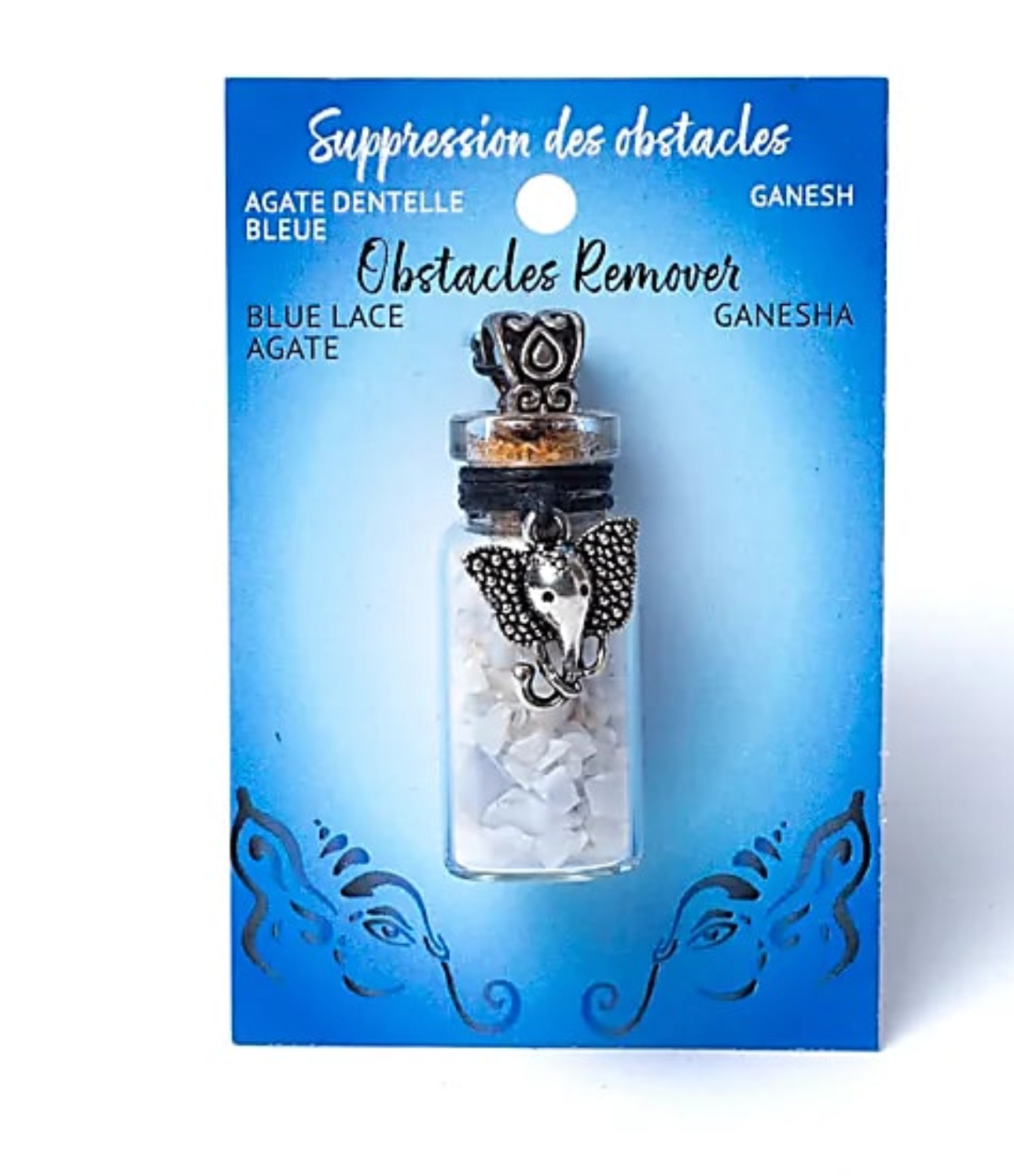 Glasfläschchen mit Kordel mit blauem Spitzenachat und Ganesha - Mellas Webshop