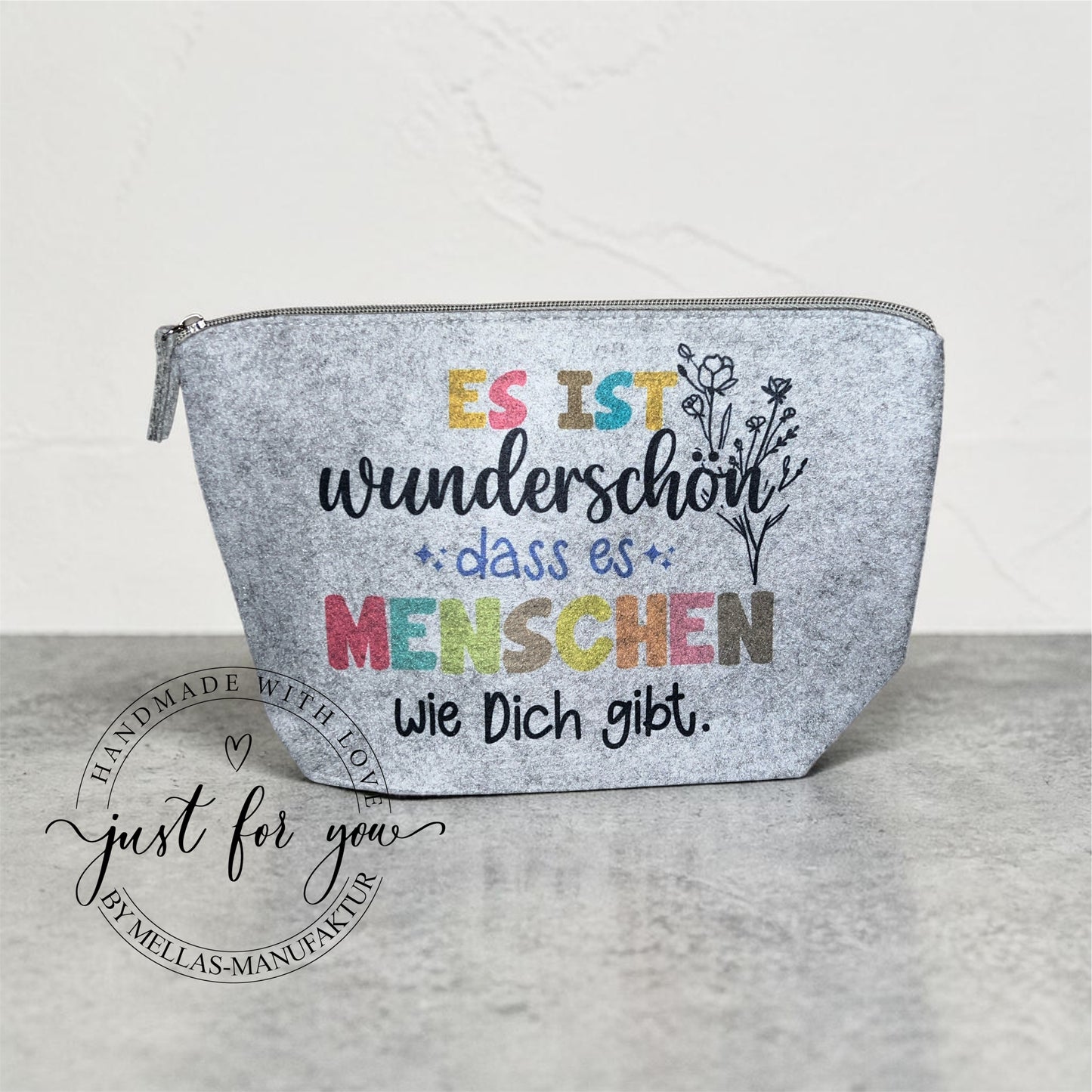 Filz Kosmetiktasche Grau & Anthrazit – 2 Größen – mit Spruch oder Motiv - Mellas Webshop