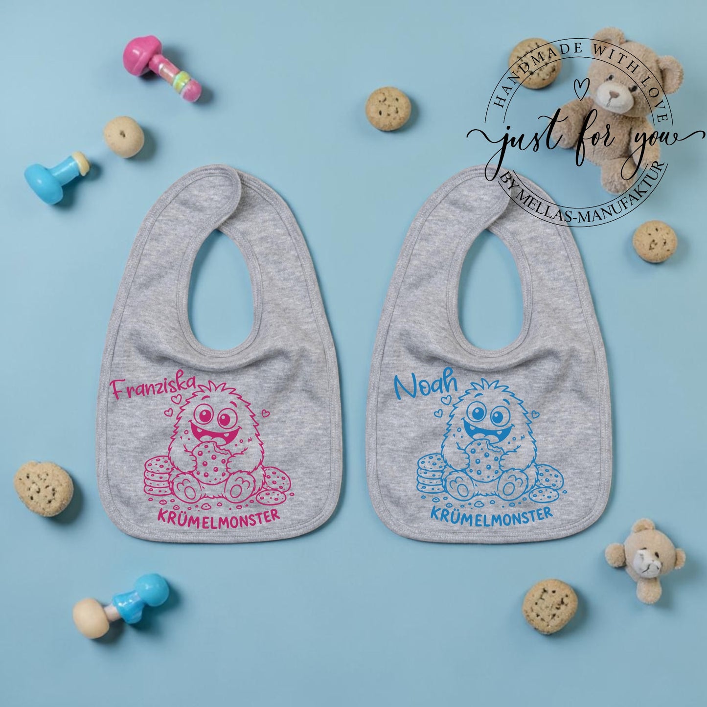 Babylatz Krümelmonster mit Name - Mellas Webshop