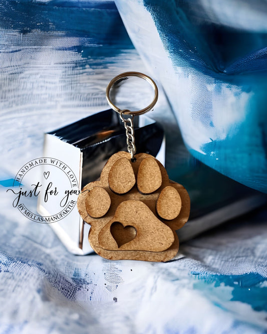 Selbstgemachter Schlüsselanhänger aus MDF-Holz mit Tierpfoten-Motiv - Mellas Webshop